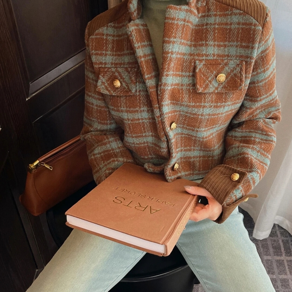 Plaid Tweed Jackets Coat Woman Clothing - Picture 4 of 7